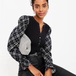 LOFT Plaid Henley Mixed Media Top LP Womens Long Puff Sleeves Black White